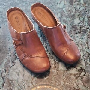 Earth Spirit Brown Leather Slip-On Clogs with Buckle Accent